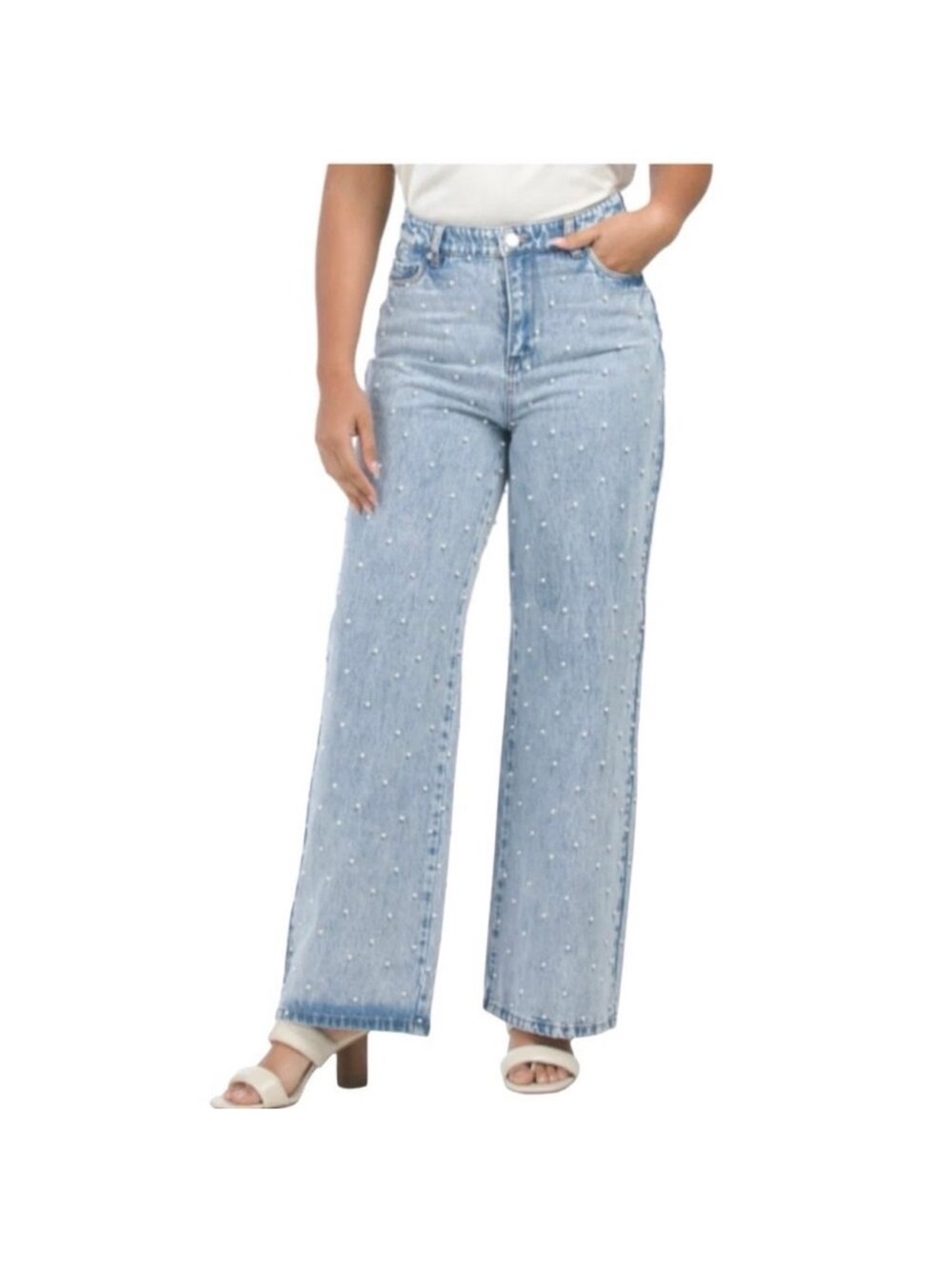 Blank NYC Light Blue Pearl-Studded Wide Leg Jeans